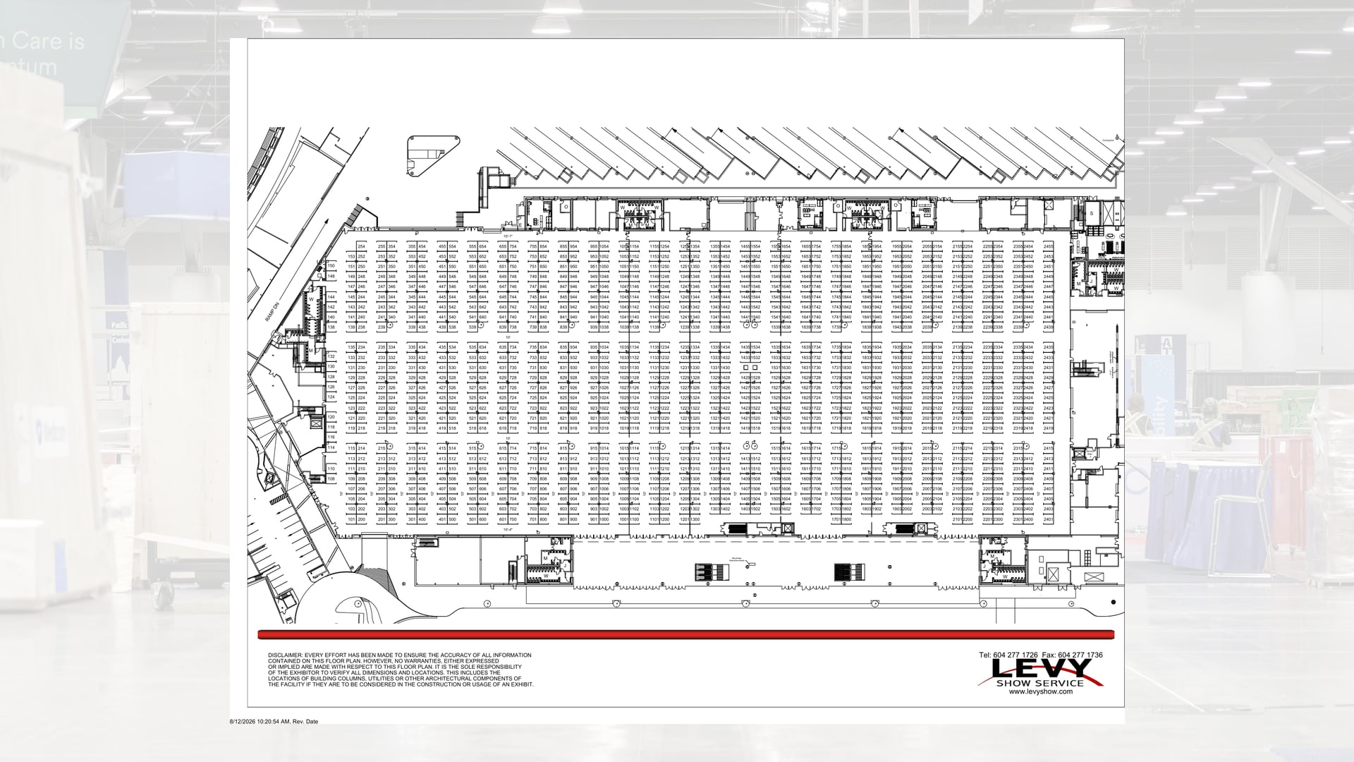 LEVY's West Level exhibition hall floorplan — hundreds of numbered booth spaces laid out aisle by aisle — overlaid on a faded photo of the working show floor.